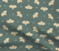 A repeat pattern with yellow clusters of three leaves, their veins outlined clearly in gold. The leaf clusters are lined up in rows with lots of space in between, mirrored horizontally or vertically from the previous one. In between the leaves are little turquoise star-shaped flowers. The leaves and flowers are done in a paper-cut style on a dark turquoise background. The pattern is demoed on a piece of rippling fabric.