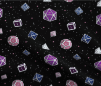 A repeating pattern of a set of 7 Dungeons and Dragons Dice in different shades of the colors from the Genderfluid Pride Flag: Purple, white, blue, and pink on a black background, surrounded by little white stars and small shiny pink orbs. The pattern is demoed on a rippled piece of fabric.