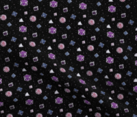 A repeating pattern of a set of 7 Dungeons and Dragons Dice in different shades of the colors from the Genderfluid Pride Flag: Purple, white, blue, and pink on a black background, surrounded by little white stars and small shiny pink orbs. The pattern is demoed in a small size on a rippled piece of fabric.