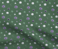 A repeating pattern of a set of 7 Dungeons and Dragons Dice in different shades of the colors from the Genderqueer Pride Flag: Purple, white, and green on a forest green background, surrounded by little white stars and small dark green orbs. The pattern is demoed in a small size on a piece of rippling fabric.