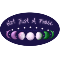 A ring made of white stars and the phases of the moon that floats under the pale purple glowing words, Not Just a Phase. The moons are colored in a textured gradient with the colors of the genderqueer pride flag: purple, white, and green. The background is a dark blue oval. There is a watermark that says www.yoppvoice.com