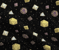 A repeating pattern of a set of 7 Dungeons and Dragons Dice in different shades of the colors from the Non-Binary Pride Flag: Yellow, purple, and white, on a black background, surrounded by little white stars and small shiny golden orbs. The pattern is demoed on a rippling piece of fabric.