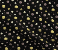 A repeating pattern of a set of 7 Dungeons and Dragons Dice in different shades of the colors from the Non-Binary Pride Flag: Yellow, purple, and white, on a black background, surrounded by little white stars and small shiny golden orbs. The pattern is demoed in a small size on a rippling piece of fabric.