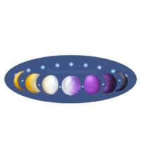 A ring made of pale blue stars and the phases of the moon. The moons are colored in a textured gradient with the colors of the nonbinary pride flag: yellow, white, purple, and black. There is a watermark that says www.yoppvoice.com