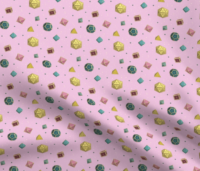 A repeating pattern of a set of 7 Dungeons and Dragons Dice in different shades of the colors from the Pansexual Pride Flag: Pink, turquoise, and yellow, on a light pink background, surrounded by little yellow stars and small shiny blue orbs. The pattern is demoed in a small size on a piece of rippling fabric.