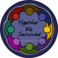 a geometric representation of a circle of people with joined arms, in a rainbow of colors, surrounding a mid-toned blue background and the words Together We Survived, in handwriting the center. The simple figures are outlined by hand-drawn pen strokes, and surrounding their circle is a faint glow of white light. The background of the design is dark blue. A watermark says