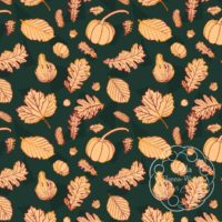 A repeat pattern of fall related elements in orange, drawn with outlines that shift between multiple shades of red, orange and yellow. There are several types of leaves, small pumpkins, a squash, pinecones, and acorns. The background is forest green with a series of darker green triangles. There is a white watermark in the bottom right corner that says Kella Hanna-Wayne & Co.