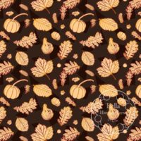A repeat pattern of fall related elements in orange, drawn with outlines that shift between multiple shades of red, orange and yellow. There are several types of leaves, small pumpkins, a squash, pinecones, and acorns. The background is brown with a series of darker brown triangles. There is a white watermark in the bottom right corner that says Kella Hanna-Wayne & Co.