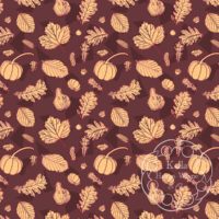 A repeat pattern of fall related elements in orange, drawn with outlines that shift between multiple shades of pink, purple, and maroon. There are several types of leaves, small pumpkins, a squash, pinecones, and acorns. The background is maroon with a series of darker maroon triangles. There is a white watermark in the bottom right corner that says Kella Hanna-Wayne & Co.