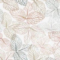 A repeat pattern of stamp art of the veins from a cluster of three leaves, in varying shades of beige, rust, grey, and sage. The clusters of leaves overlap only slightly and are facing in all different directions. The stamps are on a white background. There is a faint watermark in the bottom right corner that says Kella Hanna-Wayne & Co.