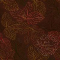A repeat pattern of stamp art of the veins from a cluster of three leaves, in varying shades of orange, yellow, and brown. The clusters of leaves overlap only slightly and are facing in all different directions. The stamps are on a brown background. There is a faint watermark in the bottom right corner that says Kella Hanna-Wayne & Co.