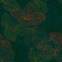 A repeat pattern of stamp art of the veins from a cluster of three leaves, in varying shades of green, yellow, orange, and turquoise. The clusters of leaves overlap only slightly and are facing in all different directions. The stamps are on a dark green background. There is a faint watermark in the bottom right corner that says Kella Hanna-Wayne & Co.
