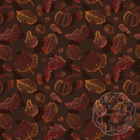 A repeat pattern of fall related elements in orange, drawn with outlines that shift between multiple shades of red, orange and yellow. The background is the same color as the fill of the elements, making them appear transparent. There are several types of leaves, small pumpkins, a squash, pinecones, and acorns. The background also features a series of darker brown triangles. There is a white watermark in the bottom right corner that says Kella Hanna-Wayne & Co.