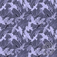 A repeat pattern of a flock of birds flying every which way, outlined in pale purple, filled with different shades of purple with glowing highlights on each bird to make out their shape. They are flying over a series of dark purple fluid like curvy stripes that cover the entire background. There is a white watermark in the bottom right corner that says Kella Hanna-Wayne & Co.