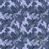 A repeat pattern of a flock of birds flying every which way, outlined in periwinkle, filled with different shades of indigo and purple with glowing highlights on each bird to make out their shape. They are flying over a series of dark blue fluid like curvy stripes that cover the entire background. There is a white watermark in the bottom right corner that says Kella Hanna-Wayne & Co.