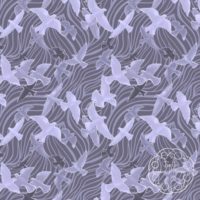 A repeat pattern of a flock of birds flying every which way, outlined in pale purple, filled with different shades of lavender with glowing highlights on each bird to make out their shape. They are flying over a series of purple, fluid like curvy stripes that cover the entire background. There is a white watermark in the bottom right corner that says Kella Hanna-Wayne & Co.