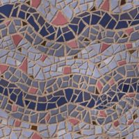 A repeat pattern of mosaic tiles in a series of colorful waves. There is a stripe of indigo blue followed by a stripe of grey blue, and then a break of periwinkle, then grey blue, indigo, grey blue, and periwinkle again. There are darker brown and salmon pink tiles sprinkled through out. The textured grout is gold. There is a faint watermark in the bottom right corner that says Kella Hanna-Wayne & Co.