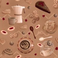 A repeat pattern of detailed illustrations of items associated with Fika (Swedish coffee gatherings) including: a coffee maker and mug, a birds eye view of coffee art in a mug on a pretty plate, cinnamon buns, jam thumbprint cookies, ginger cookies frosted in elaborate designs, chocolate cake, raspberries, spoons, and other pastries. It is is a brown, beige, and red color scheme on a tan background. There is a white watermark in the bottom right corner that says Kella Hanna-Wayne & co.