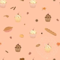 A repeat pattern with diagonal rows of different colored cupcakes, forming diamond shaped spaces in between the cupcakes. The cupcakes have swirled icing and a cherry on top. One is orange, one is pink, one is chocolate. Interspersed through out the cupcakes are other small baked goods and ingredients like cookies, bread rolls, cinnamon sticks, strawberries, and chocolate chips. The pattern is drawn on a cute, cartoon style in a pink, orange, and brown color palette on a peach background. There is a faint watermark in the bottom right corner that says Kella Hanna-Wayne & Co.