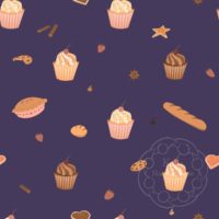 A repeat pattern with diagonal rows of different colored cupcakes, forming diamond shaped spaces in between the cupcakes. The cupcakes have swirled icing and a cherry on top. One is orange, one is pink, one is chocolate. Interspersed through out the cupcakes are other small baked goods and ingredients like cookies, bread rolls, cinnamon sticks, strawberries, and chocolate chips. The pattern is drawn on a cute, cartoon style in a pink, orange, and brown color palette on a purple background. There is a faint watermark in the bottom right corner that says Kella Hanna-Wayne & Co.