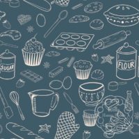 A repeat pattern of baking elements, like cupcakes, pies, cookies, bread, whisks, rolling pins, measuring spoons, eggs, sprinkles, chocolate, flour and sugar drawn in outlines in a cute cartoon style, in light-beige on a navy blue background.