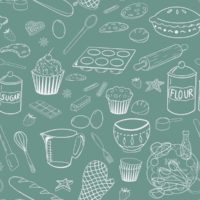 A repeat pattern of baking elements, like cupcakes, pies, cookies, bread, whisks, rolling pins, measuring spoons, eggs, sprinkles, chocolate, flour and sugar drawn in outlines in a cute cartoon style, in white on a turquoise background.