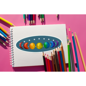 7 phases of the moon in a gradient of 7 colors of the rainbow. It is demoed on an oval, turquoise sticker, 6 inches long, with a white border, on a small spiral notebook surrounded by colored pencils, on a bright pink surface.