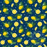 A repeat pattern of lemons, lemon slices, and lemon wedges, interspersed with green leaves, ferns, small dark and light blue flowers. The background is dark blue with small blue dots. There is a faint watermark in the bottom right corner that says Kella Hanna-Wayne & Co.