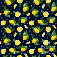 A repeat pattern of lemons, lemon slices, and lemon wedges, interspersed with green leaves, ferns, small dark and light blue flowers. The background is black with small blue dots. There is a faint watermark in the bottom right corner that says Kella Hanna-Wayne & Co.