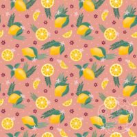A repeat pattern of lemons, lemon slices, and lemon wedges, interspersed with green leaves, ferns, small red flowers, and small pink flowers. The background is salmon with small pink dots. There is a faint watermark in the bottom right corner that says Kella Hanna-Wayne & Co.