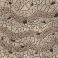 A repeat pattern of mosaic tiles in a series of colorful waves. There are three stripes of tan alternated with stripes of several shades of beige. There are darker brown tiles sprinkled through out. The textured grout is gold. There is a faint watermark in the bottom right corner that says Kella Hanna-Wayne & Co.