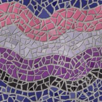 A repeat pattern of mosaic tiles in a series of colorful waves. The tiles are stripes matching the genderfluid pride flag, purple, black, blue, pink, and white, and the textured grout is light grey. There is a faint watermark in the bottom right corner that says Kella Hanna-Wayne & Co.