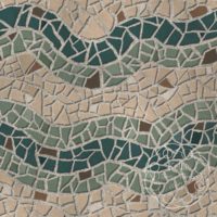 A repeat pattern of mosaic tiles in a series of colorful waves. There is a stripe of forest green followed by a stripe of sage green, and then a break of beige, then sage, dark green, sage, and beige again. There are darker brown tiles sprinkled through out. The textured grout is light grey. There is a faint watermark in the bottom right corner that says Kella Hanna-Wayne & Co.