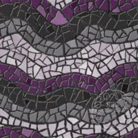 A repeat pattern of mosaic tiles in a series of colorful waves. The tiles are stripes matching the asexual pride flag, black, grey, white, and purple, and the textured grout is dark grey. There is a faint watermark in the bottom right corner that says Kella Hanna-Wayne & Co.