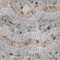 A repeat pattern of mosaic tiles in a series of colorful waves. There are three stripes of cool grey alternated with stripes made of many colors to look like cobblestones. Some sections contain many shades of beige, other contain many shades of grey. The textured grout is very light grey. There is a faint watermark in the bottom right corner that says Kella Hanna-Wayne & Co.
