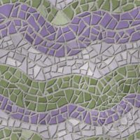 A repeat pattern of mosaic tiles in a series of colorful waves. The tiles are stripes matching the genderqueer pride flag, purple, white, and green, and the textured grout is light grey. There is a faint watermark in the bottom right corner that says Kella Hanna-Wayne & Co.