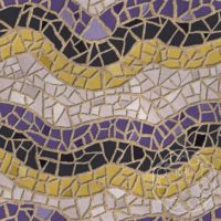 A repeat pattern of mosaic tiles in a series of colorful waves. The tiles are stripes matching the nonbinary pride flag, purple, black, yellow, and white, and the textured grout is beige. There is a faint watermark in the bottom right corner that says Kella Hanna-Wayne & Co.