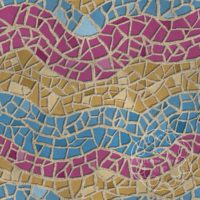 A repeat pattern of mosaic tiles in a series of colorful waves. The tiles are stripes matching the pansexual pride flag, turquoise, yellow, and hot pink, and the textured grout is gold. There is a faint watermark in the bottom right corner that says Kella Hanna-Wayne & Co.