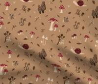 A repeat pattern of different shapes and sizes of mushrooms, a snail, twigs, acorns, leaves, and berries in a brown, beige, and red color palette on a tan background, demoed on a rippling piece of fabric.