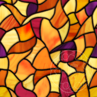 A vibrantly colorful repeat pattern of stained glass in abstract flowing shapes in vivid shades of yellow, orange, magenta, and purple divided by lines of black.