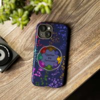 An iPhone 15 tough case with an outlined glowing circle of people with joined arms, in a rainbow of colors with matching sparkles flowing out of each one, surrounding a blue background and the words Together We Survived, on a dark blue background.