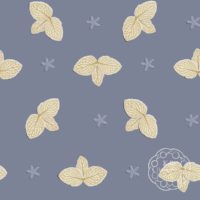 A repeat pattern with yellow clusters of three leaves, their veins outlined clearly in gold. The leaf clusters are lined up in rows with lots of space in between, mirrored horizontally or vertically from the previous one. In between the leaves are little periwinkle star-shaped flowers. The leaves and flowers are done in a paper-cut style on a blue background. There is a faint watermark in the bottom right corner that says Kella Hanna-Wayne & Co.