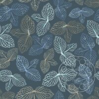 A repeat pattern of stamp art of the veins from a cluster of three leaves, in varying shades of blue, teal, and brown. The clusters of leaves are spaced with only small gaps between them and are facing in all different directions. The stamps are on a dark blue background. There is a faint watermark in the bottom right corner that says Kella Hanna-Wayne & Co.