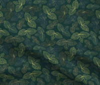 A repeat pattern of stamp art of the veins from a cluster of three leaves, in varying shades of green. The clusters of leaves are spaced with only small gaps between them and are facing in all different directions. The stamps are on a dark green background. The pattern is demoed on a piece of rippling fabric.
