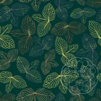 A repeat pattern of stamp art of the veins from a cluster of three leaves, in varying shades of green. The clusters of leaves are spaced with only small gaps between them and are facing in all different directions. The stamps are on a dark green background. There is a faint watermark in the bottom right corner that says Kella Hanna-Wayne & Co.