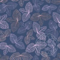 A repeat pattern of stamp art of the veins from a cluster of three leaves, in varying shades of purple and pink. The clusters of leaves are spaced with only small gaps between them and are facing in all different directions. The stamps are on a dark purple background. There is a faint watermark in the bottom right corner that says Kella Hanna-Wayne & Co.