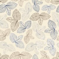 A repeat pattern of stamp art of the veins from a cluster of three leaves, in varying shades of blue, grey, and brown. The clusters of leaves are spaced with only small gaps between them and are facing in all different directions. The stamps are on a pale yellow background. There is a faint watermark in the bottom right corner that says Kella Hanna-Wayne & Co.