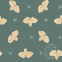 A repeat pattern with yellow clusters of three leaves, their veins outlined clearly in gold. The leaf clusters are lined up in rows with lots of space in between, mirrored horizontally or vertically from the previous one. In between the leaves are little turquoise star-shaped flowers. The leaves and flowers are done in a paper-cut style on a dark turquoise background. There is a faint watermark in the bottom right corner that says Kella Hanna-Wayne & Co.
