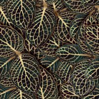 Clusters of three black leaves with the veins clearly outlined in metallic gold. The leaf clusters are overlapped and stacked on top of one another, each one casting a shadow on those below, for many layers, so no background is visible. There is a faint watermark in the bottom right corner that says Kella Hanna-Wayne & Co.