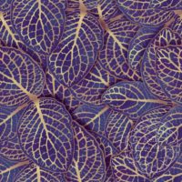 Clusters of three purple leaves with the veins clearly outlined in metallic gold. The leaf clusters are overlapped and stacked on top of one another, each one casting a shadow on those below, for many layers, so no background is visible. There is a faint watermark in the bottom right corner that says Kella Hanna-Wayne & Co.